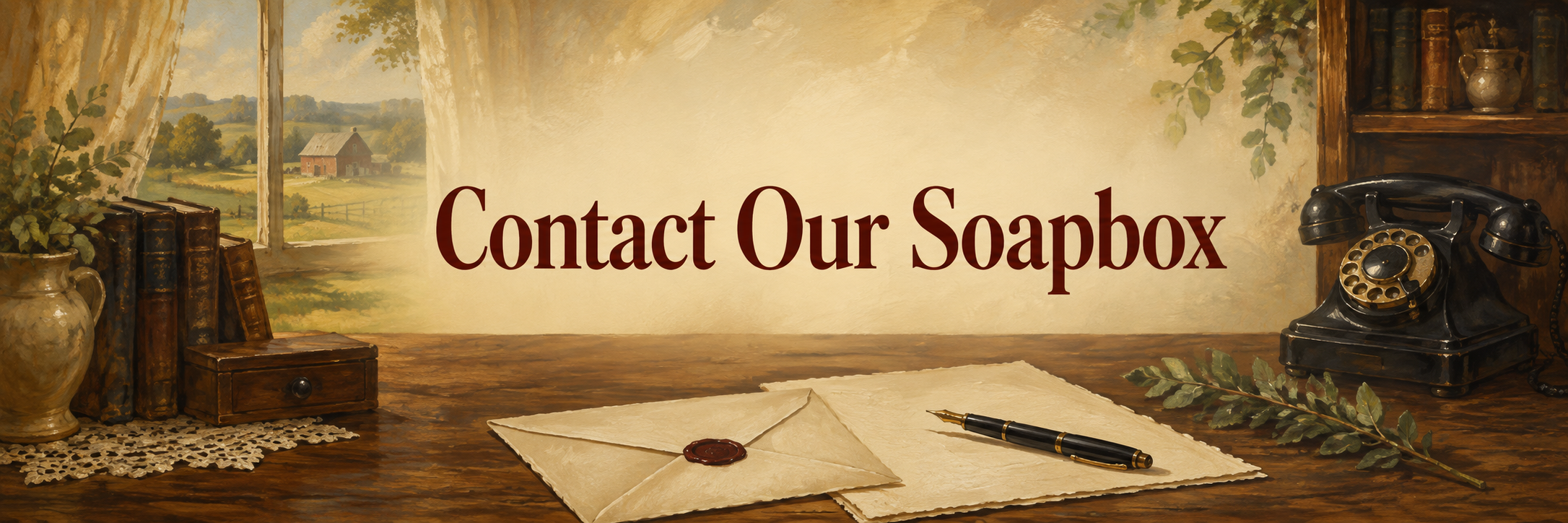 Contact Our Soapbox topper with writing desk and vintage telephone
