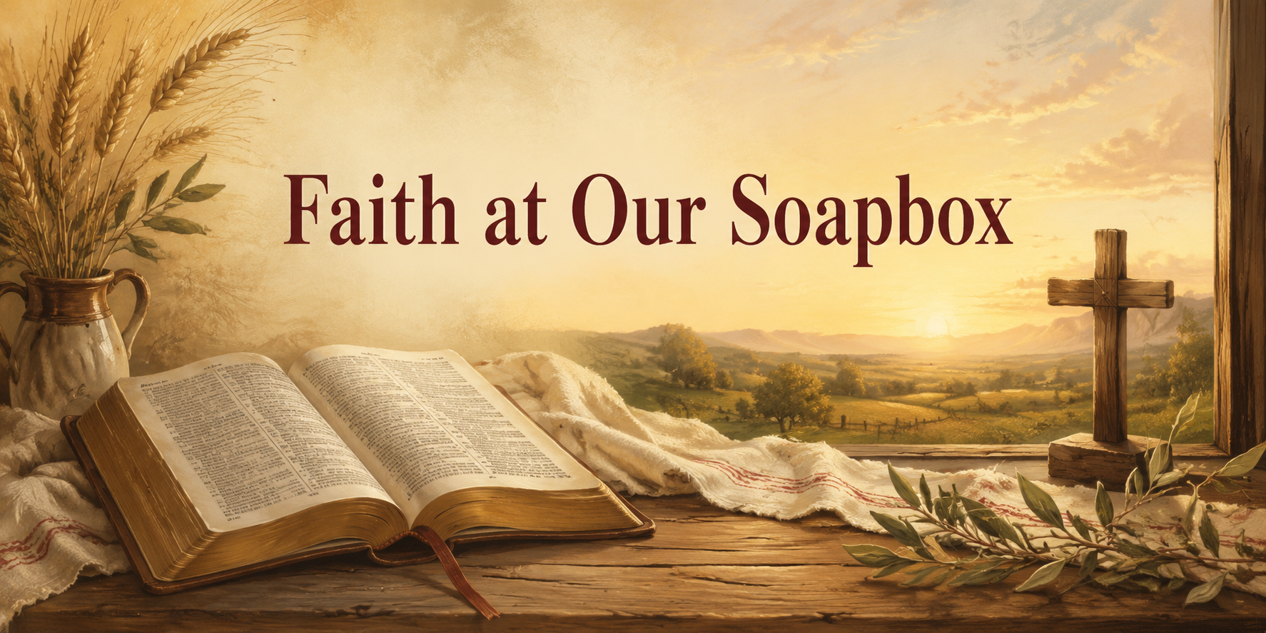 Faith topper with an open Bible and warm countryside scene