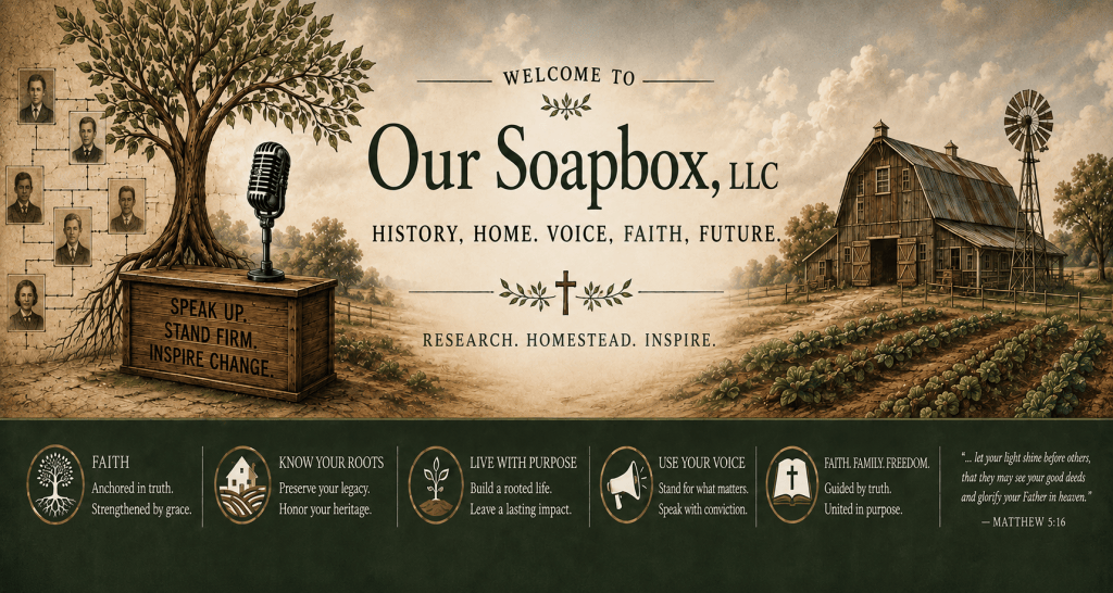 Our Soapbox family history, homesteading, faith, and voice banner